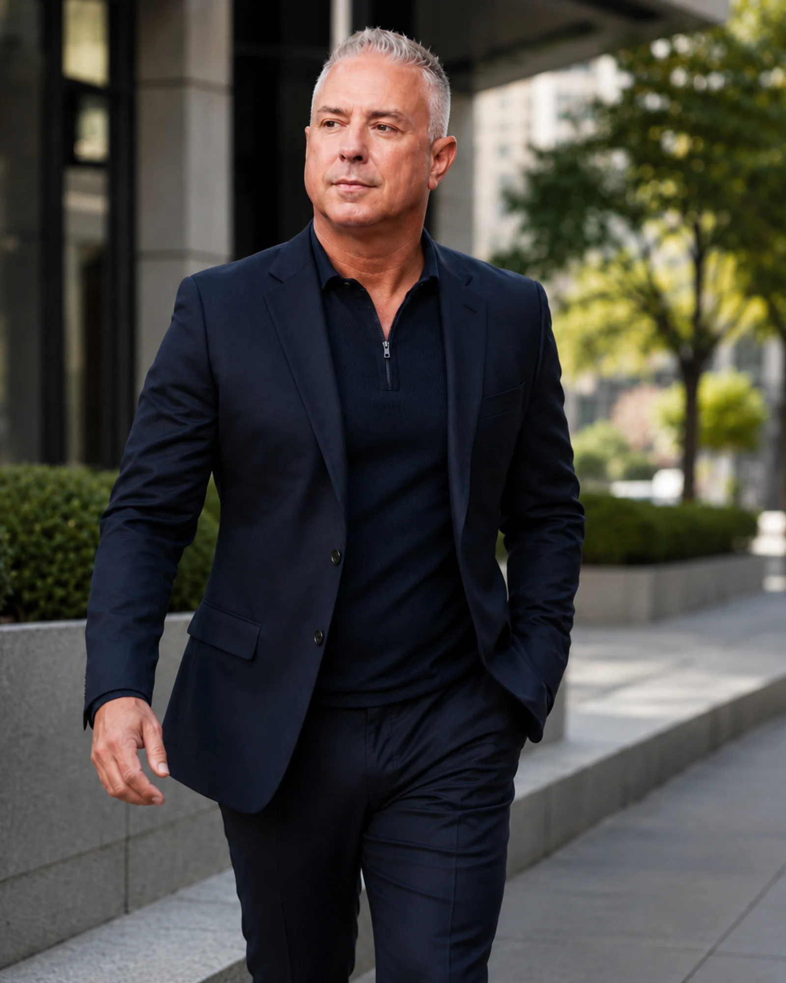David Gembala walking outside a modern business district